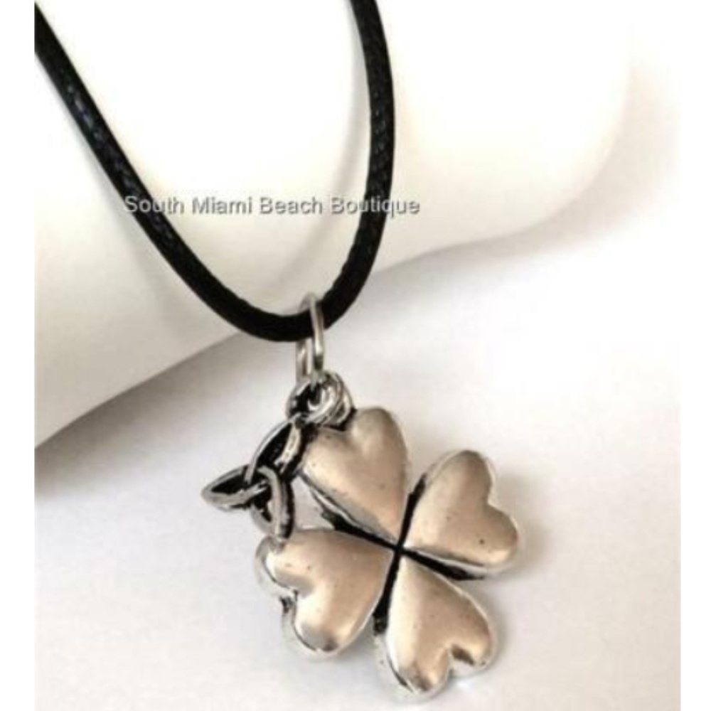Silver Tone Irish Celtic Knot Shamrock Necklace Trinity Knot Pendant Black Cord